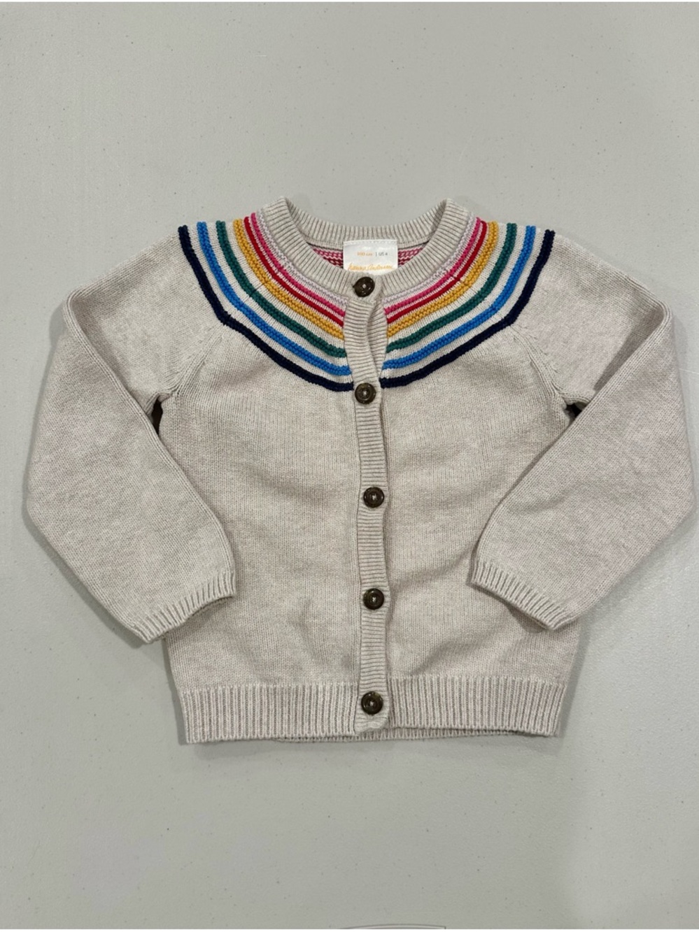 Hanna Andersson Girls Oatmeal Cardigan with Rainbow Embroidery Around the Collar